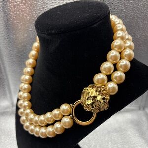 Vintage KJLane Avon Timeless Faux Peal Necklace w/Rhinestone Lion Eyes
